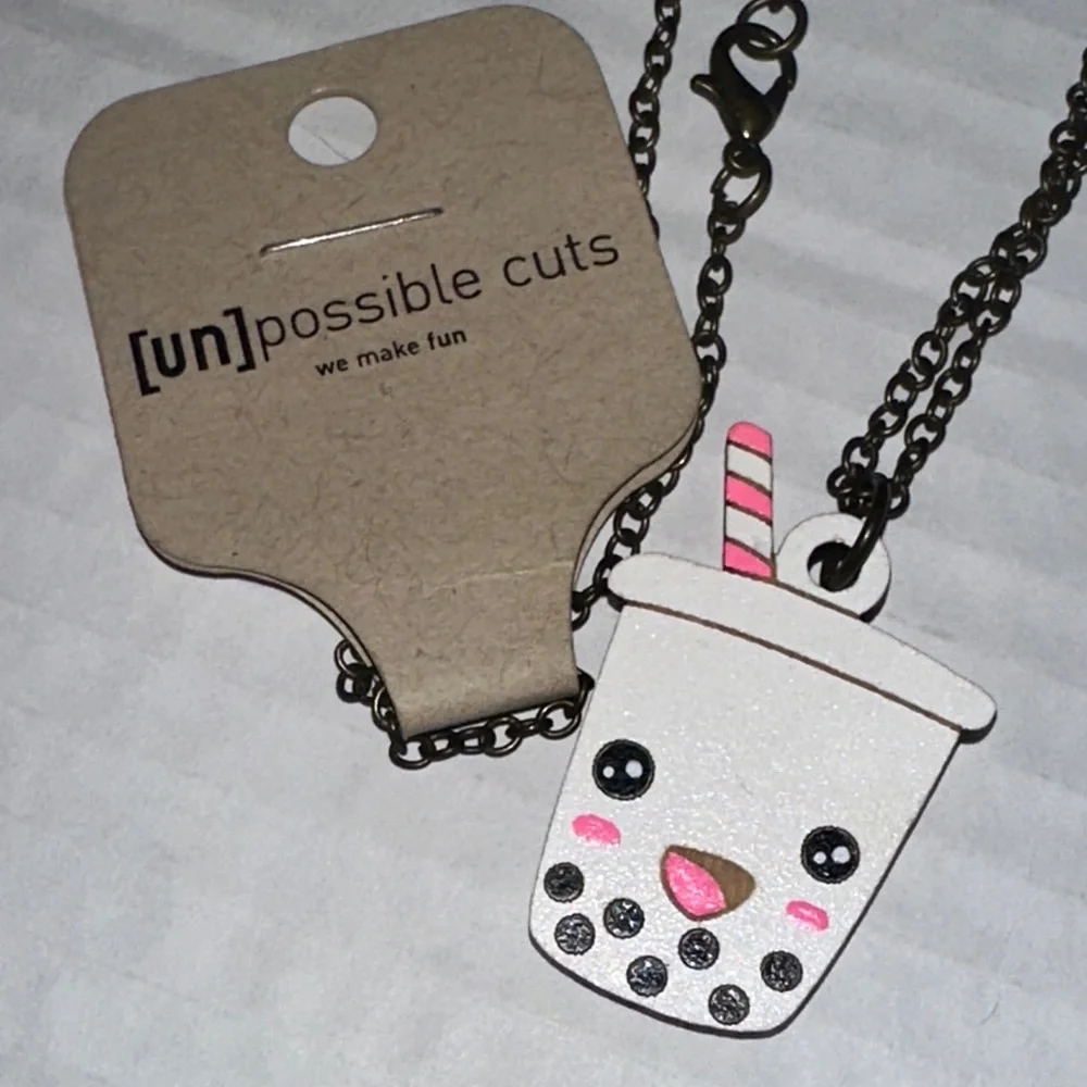 Boba Tea Necklace - White and Pink Hand cut wood